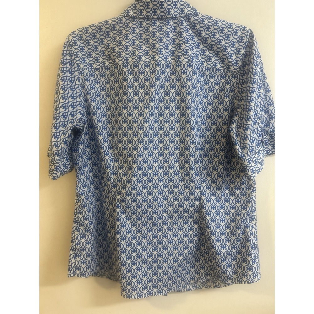 Talbots Women's Size 12 Blue/white Print Buttoned Short Puff Sleeve Fitted Top - Picture 8 of 8